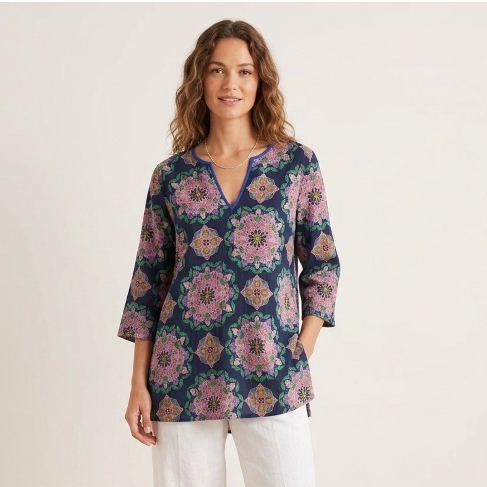 J.Crew Tunic Top XL Navy Blue Floral Mandala Tissue Cotton Boho V-Neck Morroccan